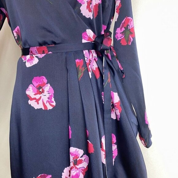 JOIE MILTONA NAVY SATIN PINK FLORAL SHORT SLEEVE WRAP DRESS - XS - Picture 7 of 12